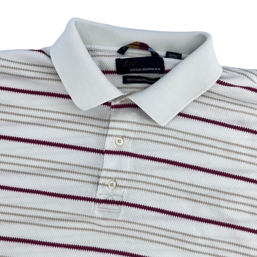 Greg Norman Polo Shirt Mens XL White Burgundy Striped Preppy Golfcore Dadcore